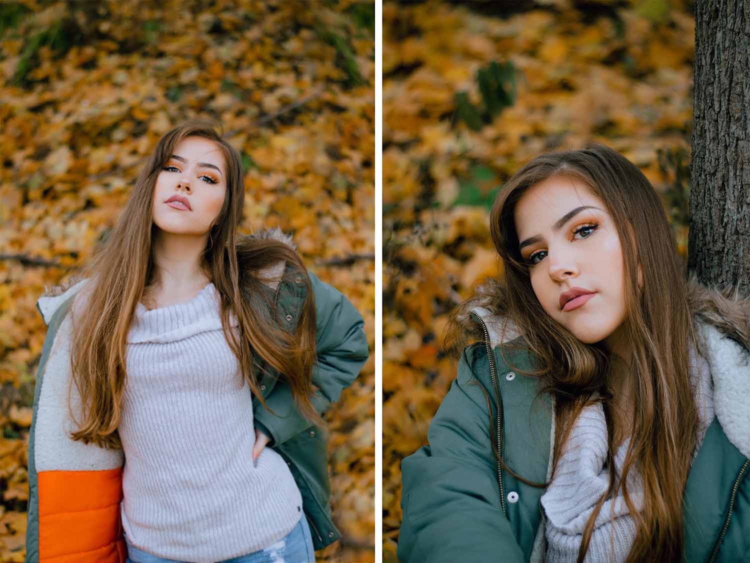 Woman wearing jacket in leaves fall modeling