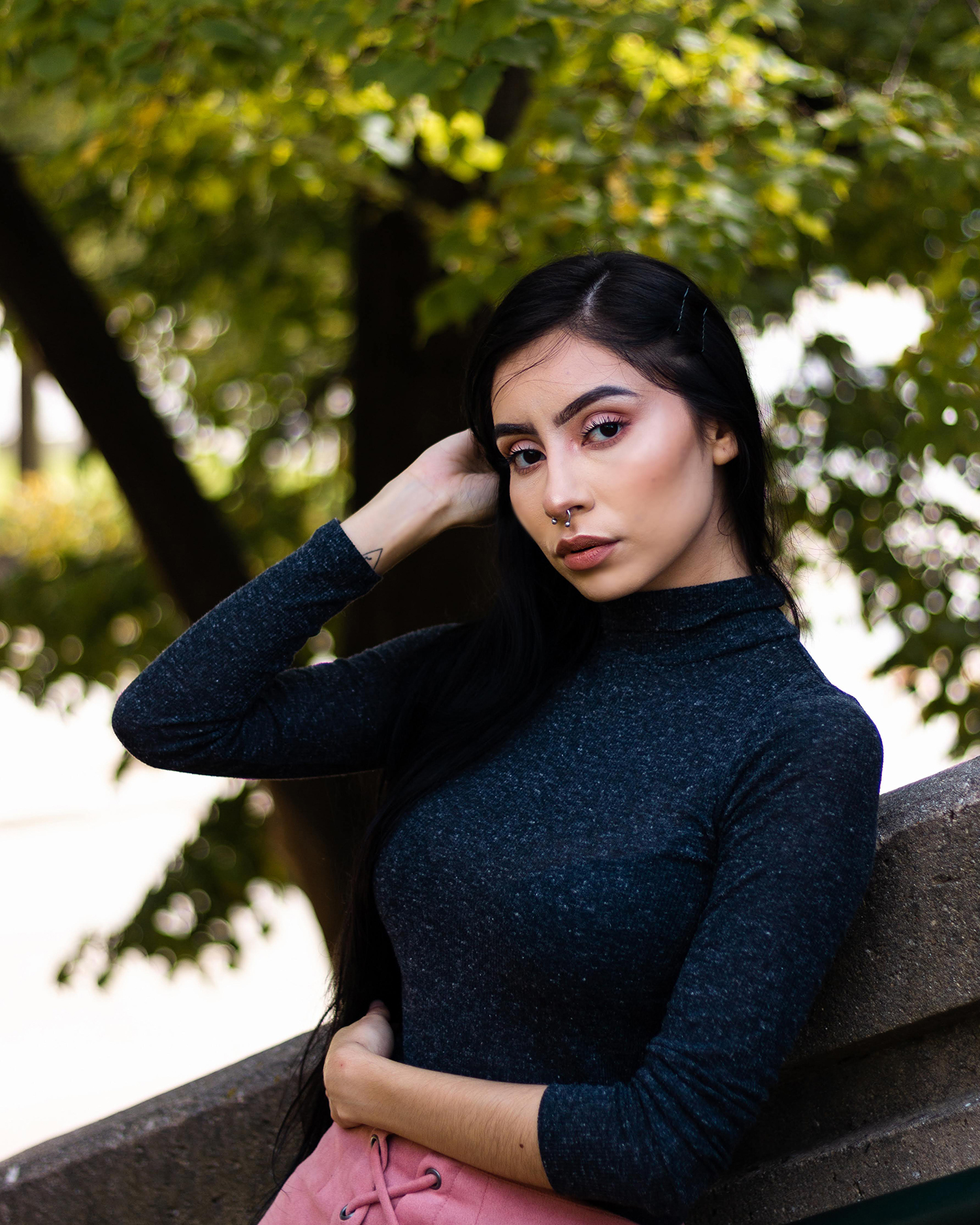 Woman wearing sweater fall photoshoot modeling