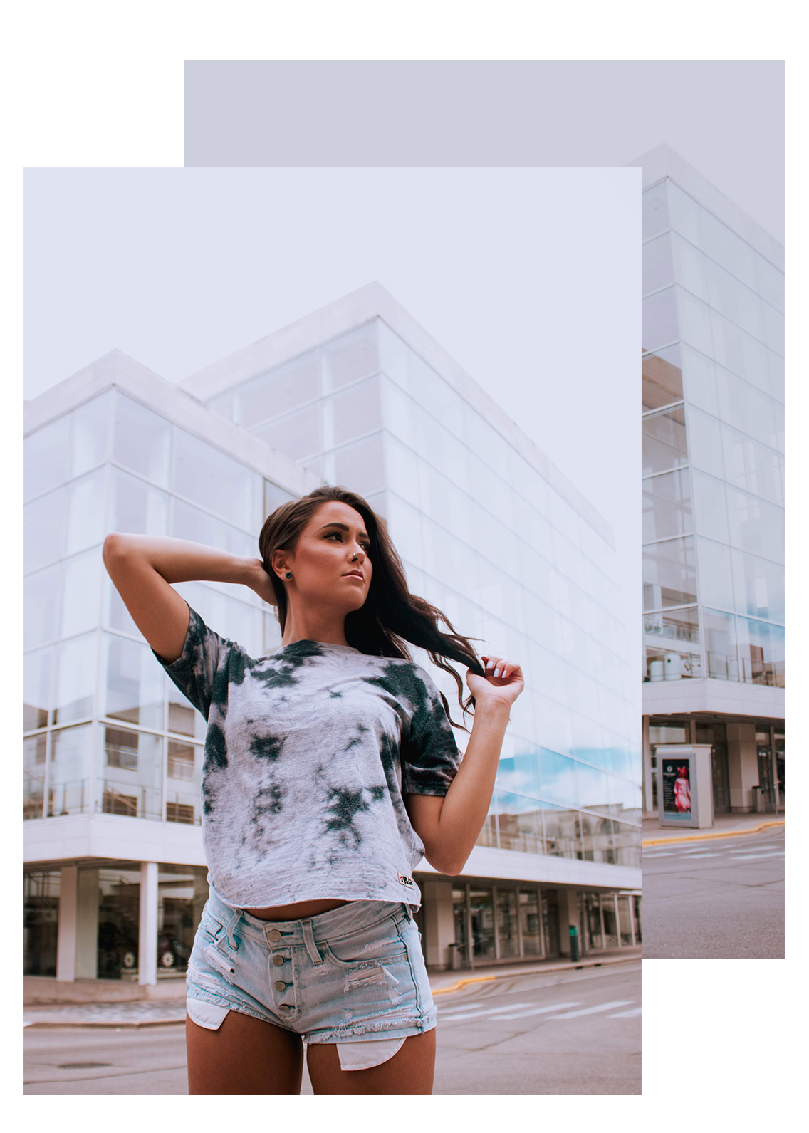 Model standing in front of building